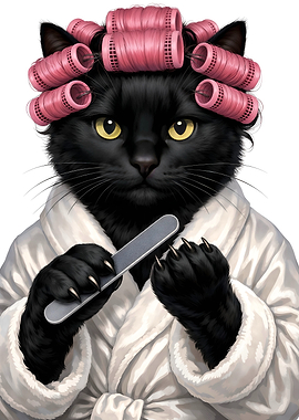 Black Cat with Hair Rollers and Nail File