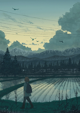 Person walking through rice fields at dusk