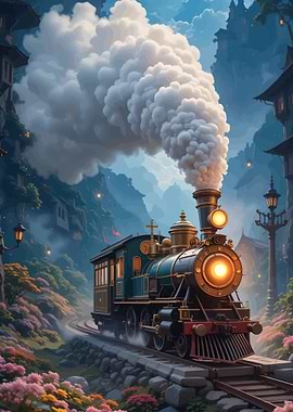 Steampunk Train in Misty Mountains