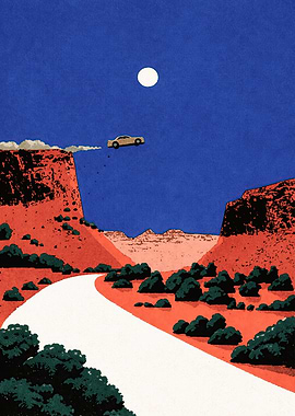 Car jumping off a cliff at night