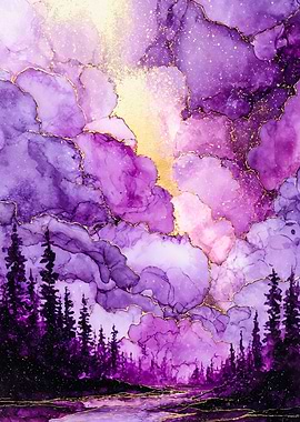 Purple Abstract Forest Gold Sky