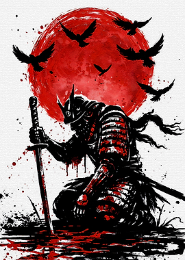 Samurai Warrior Under Red Moon