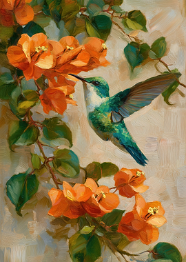 Hummingbird and Orange Bougainvillea