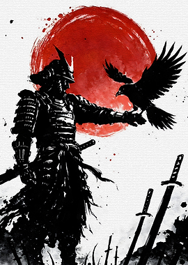 Samurai with Crow and Red Sun