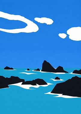 Stylized Seascape with Rocks and Clouds