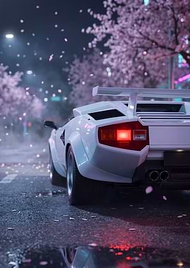 White Lamborghini Countach in Cherry Blossoms