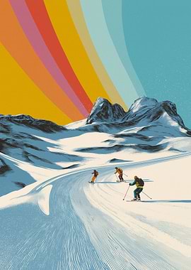 Retro Skiing Rainbow Landscape