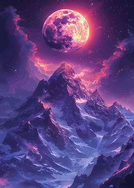 Mystical Moon Over Snowy Mountains