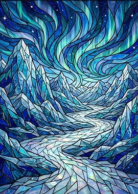 Stained Glass Aurora Over Mountains