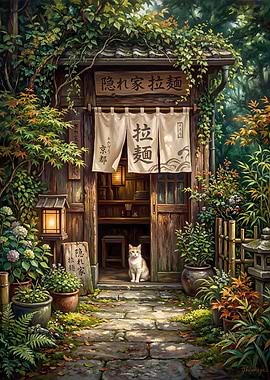 Cozy Japanese Ramen Shop Entrance with Cat