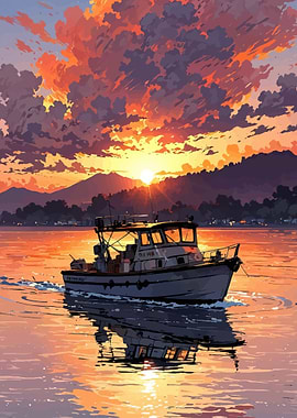 Boat sailing at sunset