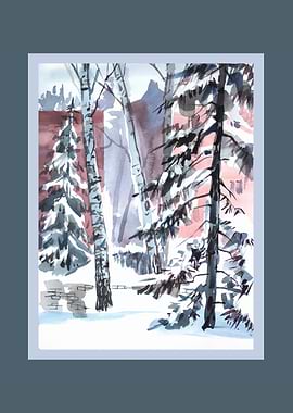 Winter Forest Watercolor Painting