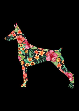 Doberman Silhouette with Tropical Flowers