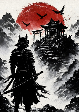 Samurai Warrior Facing Mountain Temple