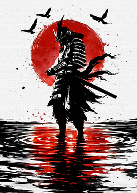 Samurai Warrior in Red Sun Water
