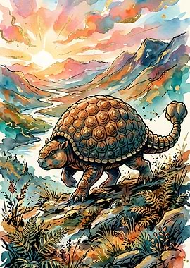 Watercolor Dinosaur in Mountain Landscape
