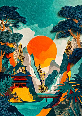 Japanese Pagoda Paper Cutout Landscape