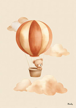 Cute Bear Hot Air Balloon Nursery Illustration