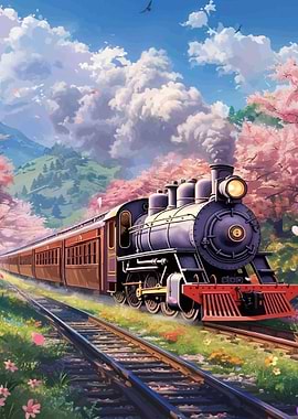 Vintage Train in Cherry Blossom Landscape