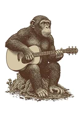 Chimpanzee Playing Guitar on Tree Stump