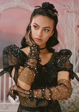 camila mendes in Black Sparkly Dress and Gloves