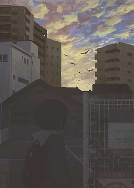 Anime Girl Looking at Cityscape at Sunset