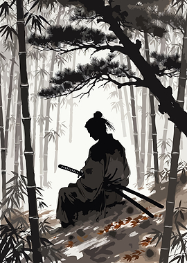 Samurai in Bamboo Forest Sitting