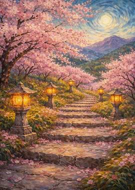 Enchanting Cherry Blossom Path with Lanterns
