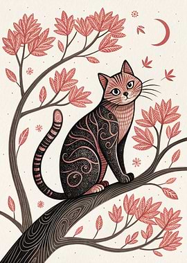 Cat on a Branch with Autumn Leaves