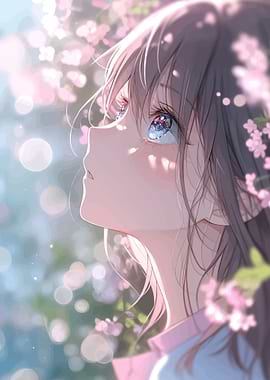 Anime Girl Looking Up at Cherry Blossoms