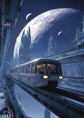 Futuristic Monorail Cityscape with Planet