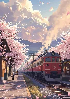 Train Station with Cherry Blossoms