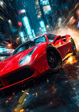 Red Sports Car Drifting City