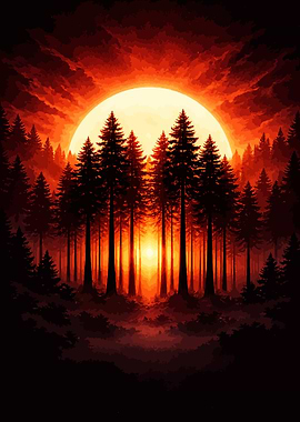 Fiery Sunset Over Pine Forest