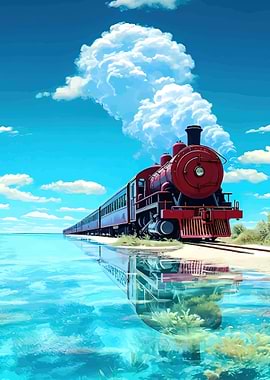 Red Train Reflecting in Water