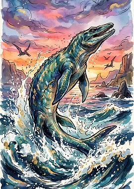 Mosasaurs and Pterodactyls at Sunset