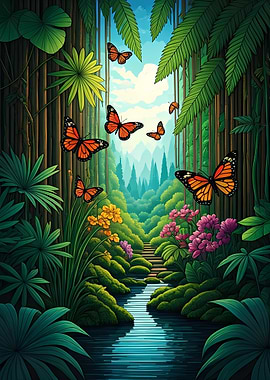Monarch Butterflies in a Lush Jungle Stream