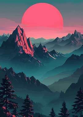 Retro Mountain Sunset Landscape