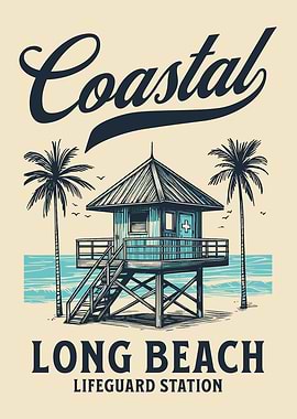 Coastal Long Beach Poster – Lifeguard Station Beach Wall Art – Vintage California Coastal Illustration
