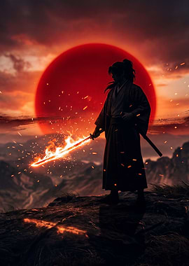 Samurai with Fiery Sword at Sunset