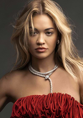 Rita Ora in Red Dress and Diamond Necklace