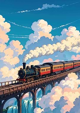 Train on a bridge over waterfalls