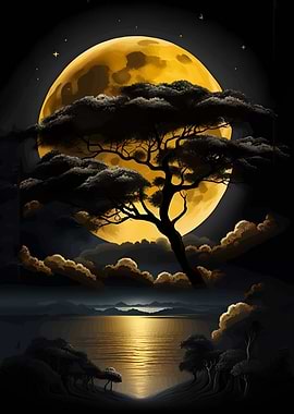 Moonlit Tree Over Water
