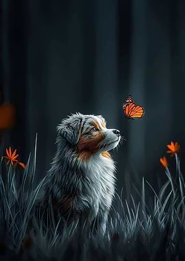 Dog and Butterfly in Nature