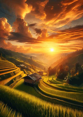 Sunset over Terraced Rice Fields