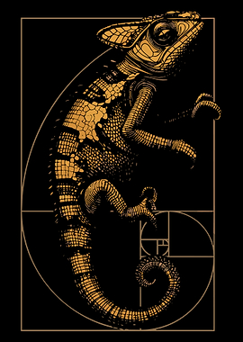 Golden Chameleon Fibonacci Poster, Abstract Math Spiral Wall Art, Geometric Nature Print