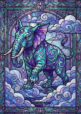 Stained Glass Elephant in Clouds
