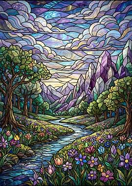 Stained Glass Landscape with Mountains and River