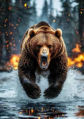 Aggressive Bear Charging Through Water