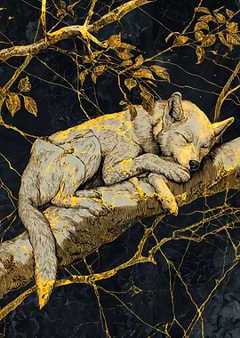 Sleeping Wolf On Gold Branch